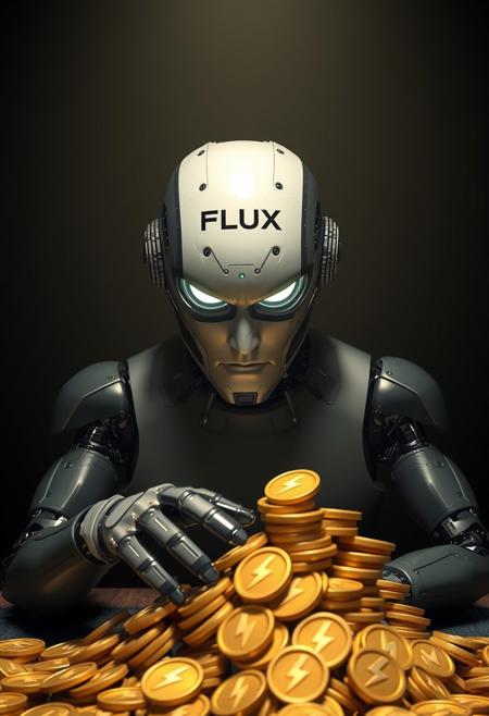 an android that looks almost human in a dark room with the word FLUX on its forehead sat at a table scooping a big pile of gold coins with lightning bolts embossed on them toward itself, similar to a greedy poker player raking a pile of poker chips.