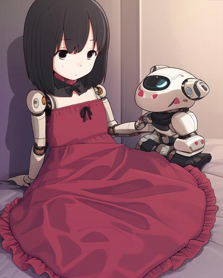 <lora:Sukabu:0.8>
1girl, an android girl in a red frilly dress,  solo, robot joints, doll joints, black eyes