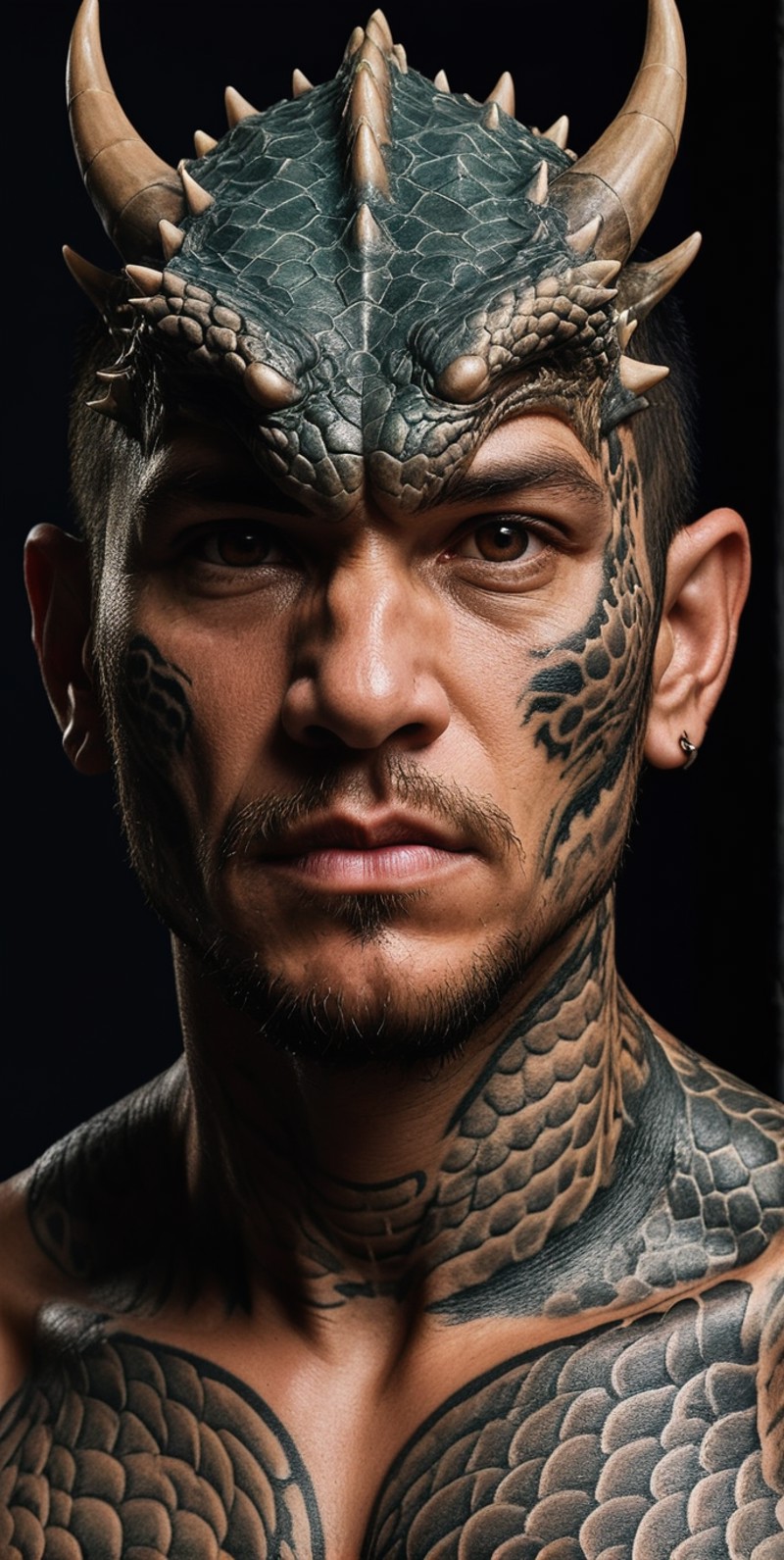 A man wearing a full - body tattoo of a dragon, the tattoo meets the man's face and blends into a scaly draconic visage co...