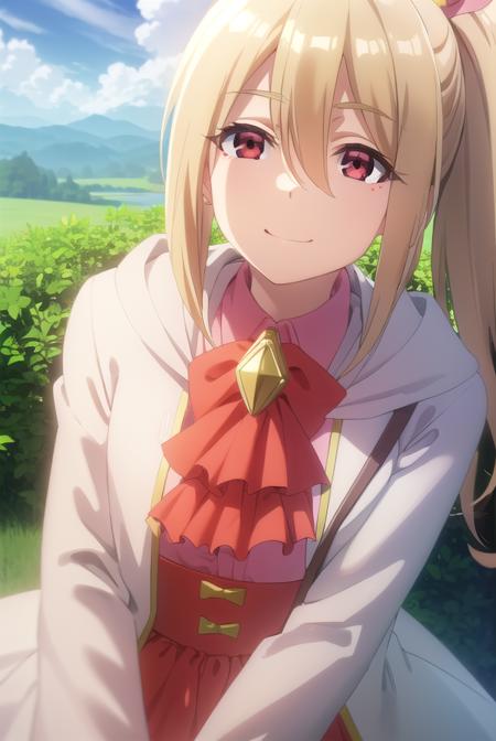 bofurifrederica, <lora:bofuri frederica s2-lora-nochekaiser:1>,
frederica, long hair, bangs, blonde hair, (red eyes:1.3), bow, hair between eyes, hair bow, ponytail, side ponytail, smile,
BREAK skirt, long sleeves, dress, jacket, open clothes, wide sleeves, coat, ascot, white jacket,
BREAK outdoors, forest, nature, sky, sun, clouds,
BREAK looking at viewer,
BREAK <lyco:GoodHands-beta2:1>, (masterpiece:1.2), best quality, high resolution, unity 8k wallpaper, (illustration:0.8), (beautiful detailed eyes:1.6), extremely detailed face, perfect lighting, extremely detailed CG, (perfect hands, perfect anatomy),