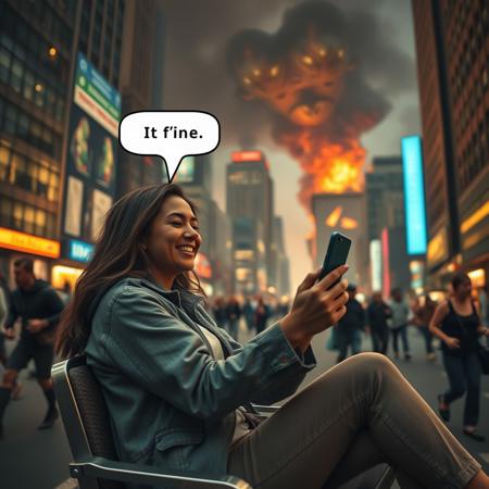 woman sitting in city playing with phone with text bubble above her head saying "It's fine", relaxed, happy, aliens attacking, chaos around her, people running, buildings burning, dynamic angle, warm hues, realistic, photorealism, hd, 8k, high definition, score_9, score_8_up, score_7_up, score_6_up,