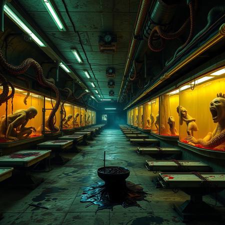 A massive, decayed underground laboratory stretches endlessly, dimly illuminated by flickering, sickly green fluorescent lights. The air is thick with the stench of antiseptic, rusted metal, and something rotten. The walls are lined with massive glass tanks filled with murky, yellowish liquid, where grotesque, half-formed humanoid figures twitch and convulse, their eyes vacant and mouths frozen in silent screams. Tubes and fleshy organic tendrils snake across the walls, pulsing as if alive, oozing a black, tar-like substance onto the cold, stained concrete floor.
Rows of operating tables, covered in dried blood and deep claw marks, sit abandoned, their restraints still fastened as if something had escaped. Surgical tools, rusted and jagged, lay scattered across the surfaces, some still dripping with a thick, viscous red fluid. Faint, distorted whispers echo through the empty corridors, as if the very walls remember the suffering that took place here.
At the far end of the hallway, a steel door marked "EXPERIMENTS: DO NOT OPEN" hangs slightly ajar, revealing only darkness beyond. Something wet and heavy drags itself across the floor inside. The ventilation shafts above rattle sporadically, as if something thin and fast were crawling through them, watching, waiting.
A flickering security monitor on the wall shows grainy, looping footage of a room you haven't entered yet—except the feed has a two-second delay, and in the corner of the screen, something is standing behind you.
