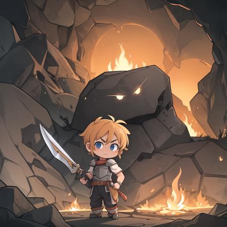 masterpiece, best quality, 1boy, hell, lava, molten rock, cave, dark, glowing, fire,
ADDCOMM
cowboy shot, looking at viewer, warrior, serious, armor, sword, weapon over shoulder, 
ADDCOL