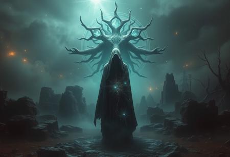 A universe inside a dark cloaked figure within mysterious landscape in an unfathomable realm of fantastic creation inhabited by ancient shadows of a forgotten time beyond the gate of the gateless gate where life is limitless, light is shadow and shadow is light, eerie sense, horror, spark of the beginning, existence and nonexistence at once, ethereal, outstretched arms, behold the end of the beginning, inglorious glory to the dark one, betrayal of the ancient order, beware the 7headed beast, destroyer of the old ways, bearer of the unbearable, nightmarish, archaic runes, tree aging backwards, breath of the gods, ruins of a place unimagined, extreme intricate detail, photorealistic, beyond epic scene, fate discarded, unseeable face of god, the end is the beginning, the beginning is the end, man arises as god dies, as above so below, as below so above, emerald tablet, thoth, guardian and saboteur of existence, hopeless hope, ghosts of the unborn, conception of the inconceivable, cosmic well of imperceptible perception, evil aura, infinite emptiness, pillars of void, overwhelming subtlety, abstract sacred geometry, beams of readiness without intention, gift of doom, despair of the ages, hidden secret warnings from dead gods, carved by the conductor of unholy loneliness of time incarnate, consumed by the night itself, beautiful tragedy of hellish discovery, unraveling mist of unreal reality, ungodly seductive repulsion, proclaim the nameless name of collapsed eternity