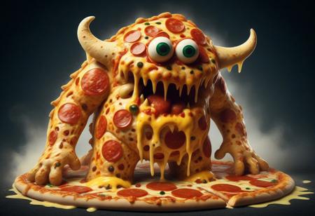 Comicstyle illustration of a Roaming Pizza-monster with sloppy cheese