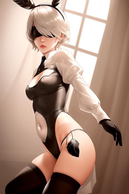 1girl,hm2b, black blindfold, covered eyes, mole under mouth, clothing cutout, long sleeves, puffy sleeves, Juliet sleeves, feather trim, black thighhighs, black gloves, covered navel, (white leotard:1.2), realistic, skin texture, hyper realistic, ultra realistic, bedroom, modern, window, cozy
 <lora:2B Cosplay_0.4+yorha_noDOT_2_type_b_0.6:1>