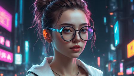 a woman wearing glasses and a white top, cyberpunk art ultrarealistic 8k, neon vibes, vitaliy bondarchuk, realistic old photo, realistic cartoon, instagram model, style of aenami alena, digital art. photo realistic, realistic background, night life, photorealistic fan art, handsome stunning realistic, cartoon artstyle, retro effect, cute art style