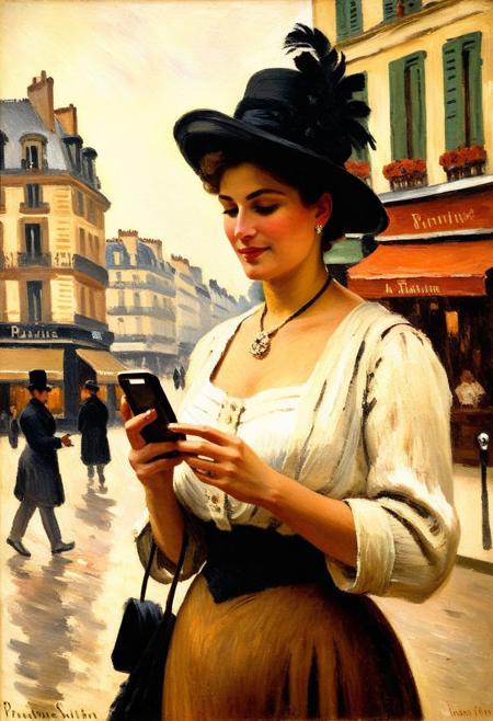 Impressionist oil painting of a woman in Paris in year 1910 holding a smartphone. Primarily uses a palette of warm skin tones, rich blacks, muted background colors, visible brush strokes.
