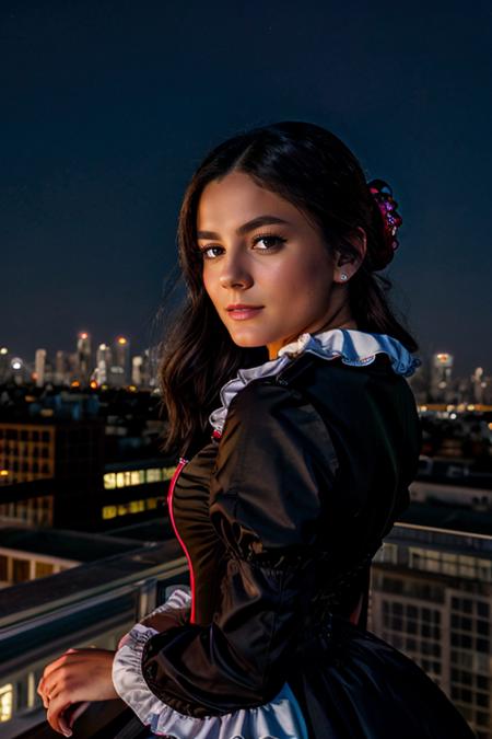 maid costume ,  rooftop , night  <lora:Monica1873Barbaro:1> masterpiece, best quality, detailed face, 1girl, solo, a woman, m1873b,