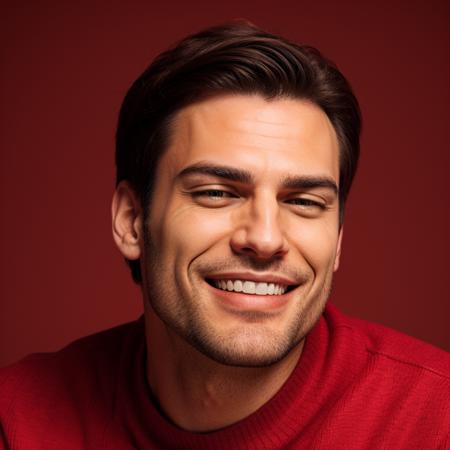 raw photo of a man, relaxed, smile, open mouth, red sweater  <lora:EyesClosedRealisticSlider:0.298>