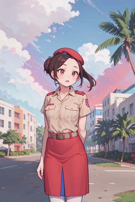 (masterpiece, best quality:1.2), 1girl, cm uniform, brown shirt, red skirt, white pantyhose, upper body, solo, single hair bun, outdoors, brown belt, beret, arms behind back, blue pleat [pink sky::3]
<lora:cm2fin:1>