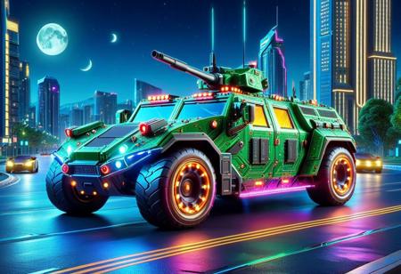vibrant colors, shiny_skin, prefect lighting, detailed image, snoozing, masterpiece, best quality, highly detailed, ultra quality, 3DMM, 
((pcb_style:1.5)), 
(Armored vehicle, Sports car), 
On the road, outdoors, neon lights, glowing, city, skyscraper, building, sciencefiction, electricity, night, moon, moonlight,