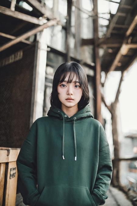 jp_style person, fashion photo of young Asian college tj, RAW photo, (masterpiece:1.2), best quality, Dutch angle perspective, ultra-detailed, deep dark eyes, green hoodie, beautiful eyes, extremely detailed face, textured skin, film grain,  <lora:tj-000014:0.6>