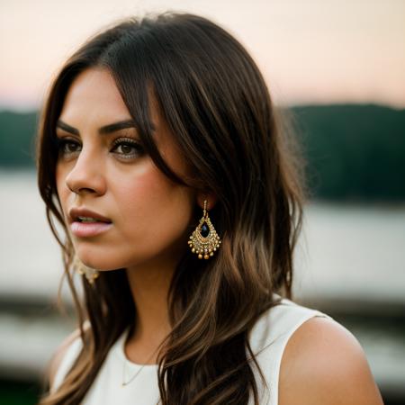 Realistic photo of a beautiful m1l4k-v2 woman,  1girl, solo, long hair, brown hair, brown eyes, jewelry, earrings, parted lips, teeth, blurry, lips, looking to the side, portrait, realistic, nose, soft lighting, professional Photography, Photorealistic, detailed, RAW, analog, sharp focus, 8k, HD, DSLR, high quality, Fujifilm XT3, film grain, masterpiece<lora:m1l4k-v2:1.0>