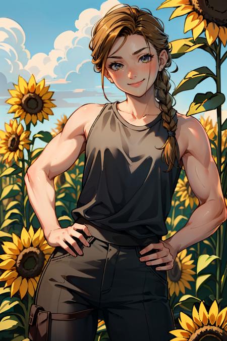 ((masterpiece, best quality))
 <lora:TLOU2Abby:0.8>
TLOU2Abby, 1girl, solo, muscular, single braid, surrounded by sunflowers in a bright field, smiling, with hands on hips