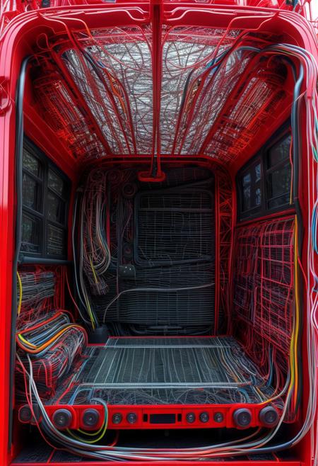 (close up:1.8), photo, photo_realistic, (firetruck made of cables with wires and neon:1.6), neon, wires, made of wires, cables, outlined with wires and neon, neon outlines, wire sculpture, neon wire sculpture, no people, end_tripwire_morph,
