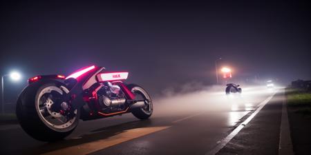 Sci-fi motorcycles,red and white science fiction ground industrial construction vehicle in crowded downtown streets, science fiction, cinematic lighting, night time, volumetric light, imax, dslr, highly detailed, volumetric fog, dystopian vibes, dutch angle, cinematic angle<lora:Sci-fi motorcycles:0.8>