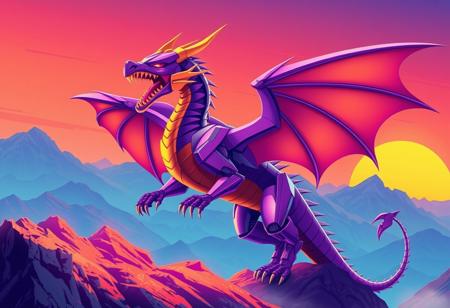 Robot Dragon, purple and gold, dragon wings spread, roaring. On a mountaintop. Synthwave neon style. Synthwave background, sunset, orange and blue.