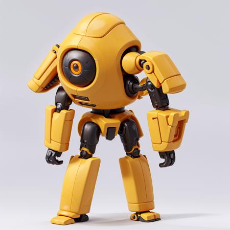 yellow robot,mecha, no humans, white background, solo, science fiction, non-humanoid robot, standing, orange eyes, simple background, soft light. <lora:cute robota_v1:0.7>