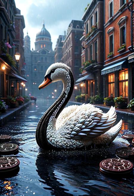 Swan made of creamy cookies, Summer Haze, Minority, All Time Low, Temptation, Salt, Confused, Hide and Seek, Rain, Wonderland, a cityscape where buildings are made of living water, 3D Render, beautifully lit, high detail, vibrant colors, cinematic, trending on ArtStation, 8k resolution.
3d-rendering, concept-art, digital, dreaminess, futuristic, multimedia, sculpture, virtual-reality, 
eeriness, fantasy, photorealism, other-worldliness, realism, sci-fi, technological, alien worlds, advanced civilizations, 
beautiful, painterly, textural, artistic, aesthetic, 
intricate details, highly detailed, ultra-detailed, absurdres, vivid, vibrant, volumetric lighting, 
aid291, midjourneyv6.1,