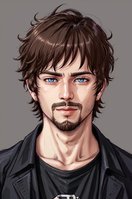 Xander Ellis,  solo,  looking at viewer,  short hair,  blue eyes,  brown hair,  shirt,  1boy,  closed mouth,  jacket,  male focus,  black shirt,  facial hair,  portrait,  realistic,  light stubble, <lora:EMS-45587-EMS:0.400000>