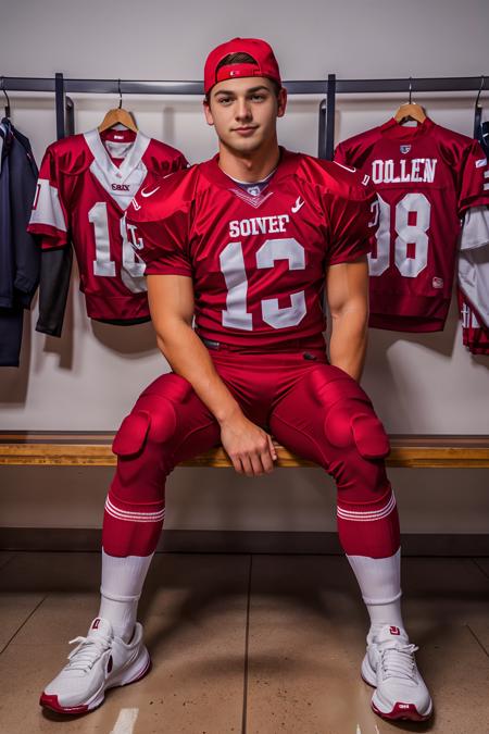 in an American football locker room, (sitting on a bench), legs spread open, MasynThorne, American football player wearing American football uniform, American football shoulder pads, (crimson red jersey:1.3), jersey number 8, (crimson red football pants and pads:1.3), (white socks:1.3), (black sneakers:1.3), crimson red backbasecap, backwards baseball cap, slight smile, (((full body portrait))), full body shot, wide angle  <lora:MasynThorne:0.75>