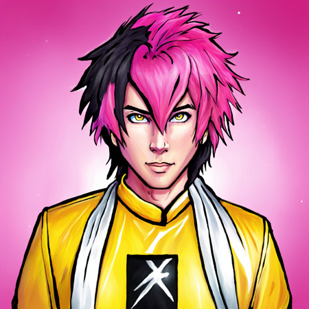 solo, 1boy, spiked hair, mullet, multicolored hair, two tone hair, pink hair, black hair, male focus, white ribbon, white scarf, jumpsuit, yellow shirt, yellow pants, yellow jumpsuit, masterpiece, official art, best illustration, tone mapping, specular highlights,