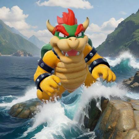 Bowser climbing the mountain on the sea which is made of water, realistic <lora:Bowser-cai:1> <lora:LCMSDXL:1>