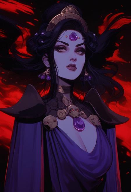 score_9, score_8_up, score_7_up, score_6_up, GHBL, zy_moore, Stylized digital portrait of Nyx, mature woman, black hair, (((blank expression, facing forward))), ((((elegant body, medium size breasts, firm breasts)))), (pale skin, wings, forehead jewel, makeup, hair bun, earrings, purple dress, necklace, cleavage, hair ornament, shoulder armor, armlet), They have a confident expression with closed lips and a relaxed posture. The background is a solid color which contrasts with the subject's attire.  The overall composition is bold and striking, flat color, vibrant colours, dark theme
, partially illuminated, fiery background, (((full body portrait))),