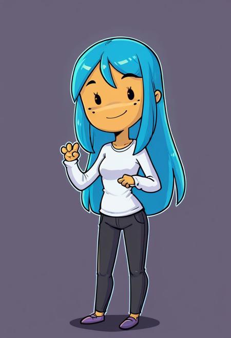 score_9, score_8_up, score_7_up,1girl, solo, blue hair, long hair,  4 fingers, <lora:Madzayka_beta15:1> mdzk, flat colors, black outlines,  black eyes,