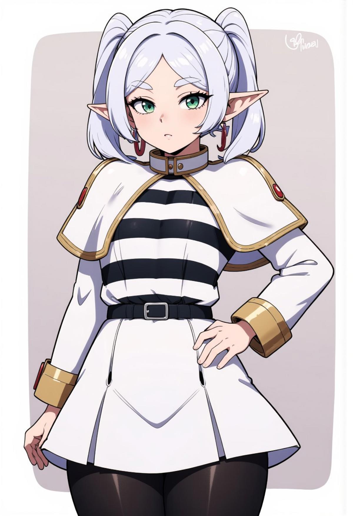 zzCitronCAT, 
nereirfpnxl, frieren, elf, pointy ears, green eyes, white hair, twintails,
shirt, long sleeves, jewelry, earrings, striped, capelet, striped shirt, white skirt, black pantyhose,
closed mouth, standing, collarbone, cowboy shot, hand on hip, contrapposto, 
abstract background,