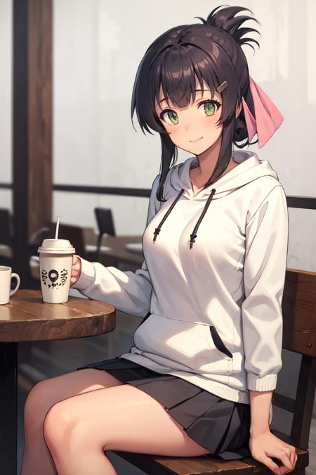 masterpiece, best quality, absurdres, 1girl, solo, MaiYanase, hairclip, folded ponytail, hair ribbon, sitting, coffee shop, hoodie, pleated skirt, smile, <lora:MaiYanase:0.8>