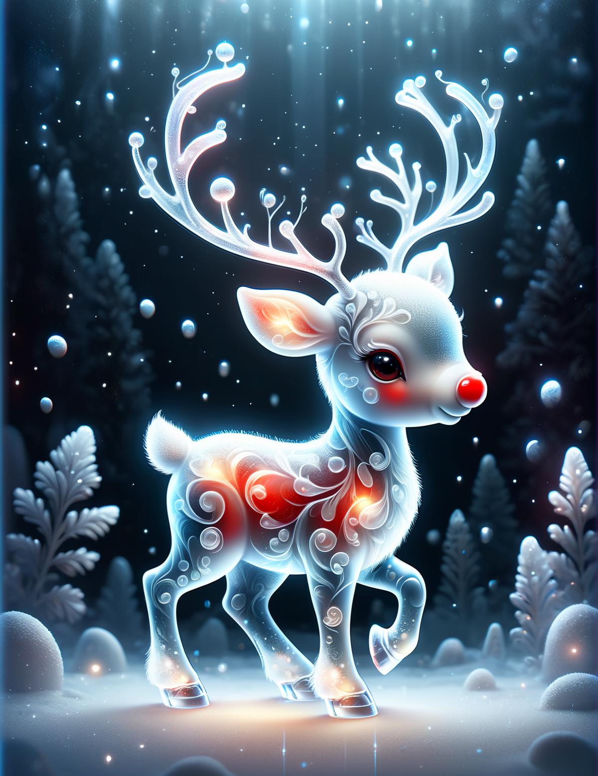 A deer with antlers and a red nose standing on snow with trees in the background.