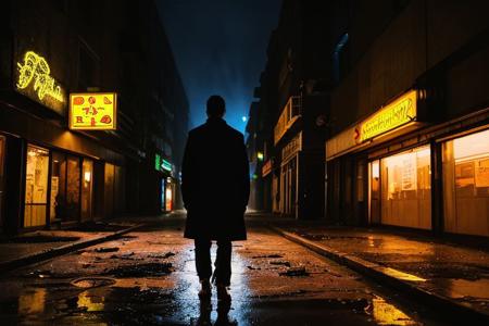 Desolate rain-soaked cityscape at night, shadows clozk dimly lit alleyways, neon signs flicker in the distance, heavy mist glow over the empty streets, abandoned buildings loom ominously against the dark sky, shattered windows reflecting the pale light of the moon, a lone figure with a tattered coat traverses the Urban maze, each step he takes echoes softly on the wet pavement, atmosphere is thick with tension, world of darkness and despair, hautingly beautiful tableau