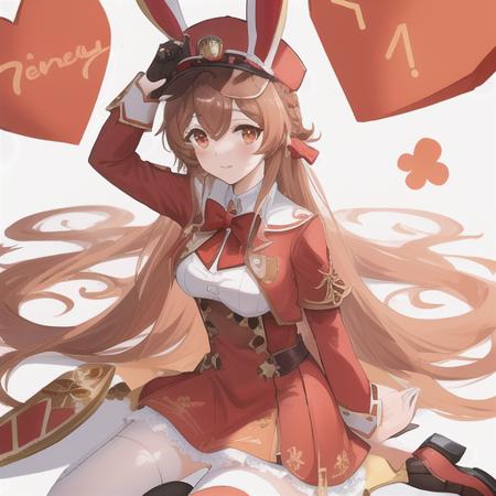 masterpiece, best quality, amber, genshin impact, long brown hair, red and brown outfit, white stockings, aviator goggles in hair, red bunny headwear