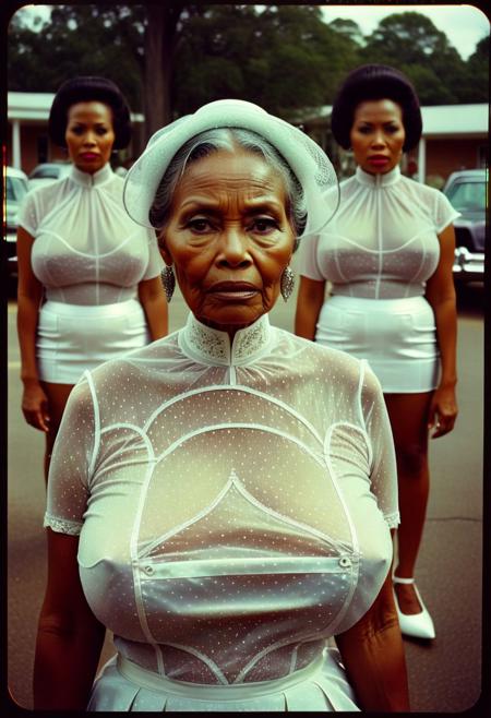 ()Hyoer Realistic:2.0)Polaroid picture of 
a hyper realistic Movie Still of (80 years old ((busty:1.3)) (((Cambodian))) women) 
  a Mississippi Baptist church parking lot  where a group of stunning, elderly black women, resplendent in their finest Sunday attire ( tiny microskirt that barely covers her ass:1.3) with white high heels, (struggling to walk:1.90)  around a circle of new recruits. The women's faces exude warmth, wisdom, and a hint of mystique, as they gaze intensely at the newcomers.
With gentle, soothing voices, they begin to speak in unison, their words weaving a hypnotic spell that draws the recruits in.
The recruits' faces slacken, their eyes glazing over as they succumb to the sisters' mesmerizing power. The women's message is clear: join their sisterhood, and you shall be empowered to raise your family without the need for a man. Capture the surreal, captivating atmosphere of this scene, where the boundaries between faith, sisterhood, and mind control blur.
BREAK (wearing ((semi-transparent)) very high platforms::0.9) ((Woman Fully Visible Full Body Photo)) Film Still:1.50), a hyper realistic Movie Still of elderly (80 years old ((busty)) black women)