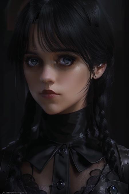 Wednesday Adams, goth, cute black dress, cleavage, horror, black hair, 4k, 
(mature:1.2) Style-Princess, 30 years old, w3day_14, masterpiece, best quality, highest quality, cinematic lighting, (volumetric lighting), extremely detailed CG unity 8k wallpaper, focused, 8k wallpaper, 4k wallpaper, extremely detailed, ultra realistic, photorealistic, sharp focus, absurdres, (HDR:1.2), (high contrast), photograph, detailed and intricate, instagram, portrait, highly detailed, digital painting, artstation, concept art, smooth, sharp focus, illustration, cinematic lighting <lora:Wednesday Addams:1>