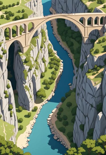 View of Vallon Pont d'arc (natural Arch) ardèche, France (((isometric style)))