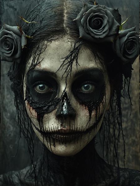 , pretty female head, black rose, dark, focus eyes, . Eerie, unsettling, dark, spooky, suspenseful, grim, highly detailed,  <lora:XSfenlie:1> fenliexl, surrealism
