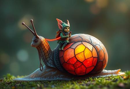 a tiny goblin jockey riding on the back of a giant snail, neon reins,the snail's shell is made of stained glass, slime trail, neon bokeh, in the style of a fantasy painting