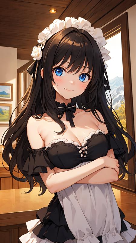 (masterpiece), (best quality), looking at viewer, 1girl, bright skin, (shiny skin:1.2), (black theme), indoors, happy face, (upper body|cowboy shot), (natural wavy:0.8), medeum breasts, day, layered style, mountain, black hair,