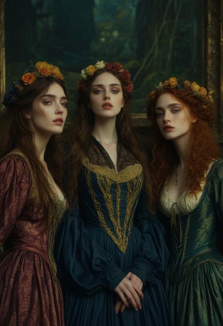 highly cinematic, 3 woman, melancholic and dramatic atmosphere, film scene, wearing absurd clothing, part, inspired by Pre-Raphaelitism