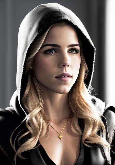 photo of (FelicitySmoak:0.99) wearing a black hooded robe, with silver embroidery on the edges, high detail, high quality , highly detailed skin, realistic face, (grey eyes:1.1)