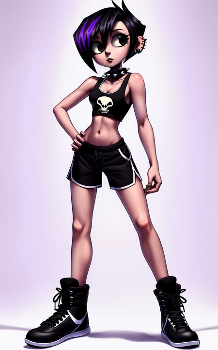 8k.4k,((Best quality, masterpiece, ultra high resolution)),((full body)),standing,   <lora:Valbun:1>,human,navel, ear piercing,short hair, black hair, black eyes, piercing, shorts, black shorts,black footwear, crop top, midriff, spiked collar,tank top,purple streaked hair,skull,small breast,white background