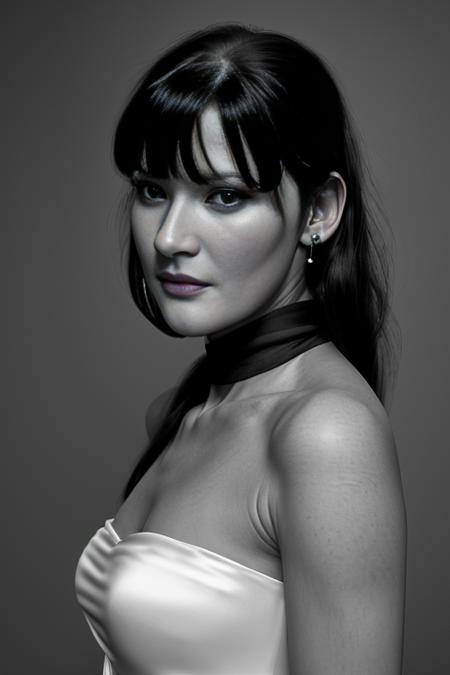 gr3tch3nm01, long hair, (jet black hair with bangs:1.4), strapless evening gown, (silk scarf:1.3), earrings, (high fashion:1.5), indoors, museum, <lora:Gretchen_Mol_PMv1_Lora:1.3>,, detailed skin texture, (blush:0.5), (goosebumps:0.5), subsurface scattering, (b&w, Monochromatic, Film Photography:1.3),  Photorealistic, Hyperrealistic, Hyperdetailed, film noir, analog style, soft lighting, subsurface scattering, realistic, heavy shadow, masterpiece, best quality, ultra realistic, 8k, golden ratio, Intricate, High Detail, film photography, soft focus, ((Full-Body Shot))