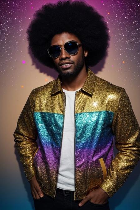 raw photo, upper body, disco, (80s, retro:1.1), dance floor, lasers, rainbow theme, a dancer man, 30 years old, sunglasses, big afro, (manly, wide jaw:1.2), dark skin, sparkly jacket, golden shirt, (vibrant colors:0.9), (muted colors, cinematic, dim colors, soothing tones:1.2