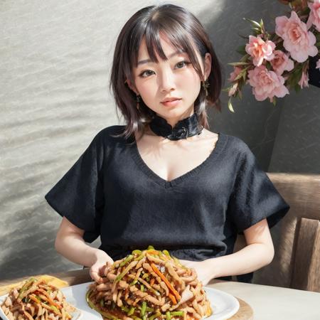 a chinese woman wearing black,  looking at viewer, sitting next to table,  <lora:yuxiangrousi:1>, masterpiece, eos, studio light,  Yuxiang shredded pork on the table,  a plate of food with meat and vegetables,