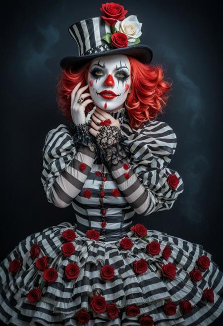 A beautiful woman with vibrant red and white hair, wearing clown-like makeup on her face, black nails shaped like roses, a striped top hat, fishnet sleeves and a skirt, holding her hands around her neck, set against a dark background, in a fantasy style, with hyper-realistic photography and photorealistic elements
