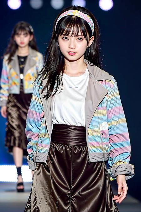 masterpiece, best quality, 1girl, aqua eyes, black hair, closed mouth, multicolored background, looking at viewer, outdoors, solo, upper body, alluring, clean, beautiful face, pure face, pale skin, sexy pose,((jacket, long skirt)), short hair, headband,  ((perfect female figure)), mature female, milf, narrow waist, chinese deity, seductive, highly detailed,best quality, masterpiece, highres, original, extremely detailed 8K wallpaper,masterpiece, best quality, illustration, beautifully detailed eyes, cinematic lighting, catwalk \(walkway\),