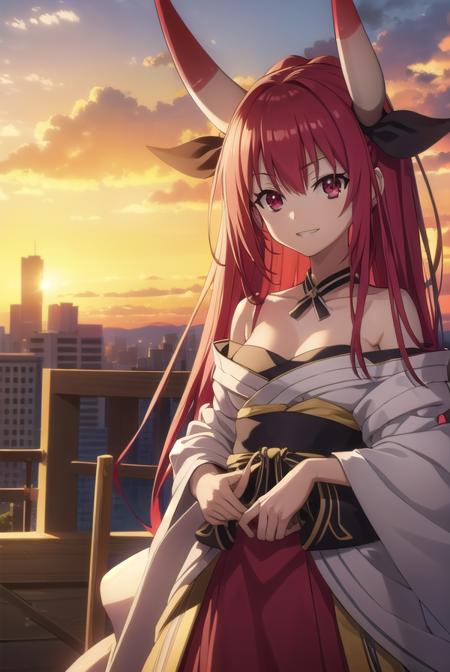 kotoriitsuka, <lora:kotori itsuka s2-lora-nochekaiser:1>,
kotori itsuka astral dress, long hair, (red eyes:1.3), ribbon, cleavage, bare shoulders, red hair, japanese clothes, horns, choker, kimono, fire, (small breasts:1.2), smile, grin,
BREAK ,
BREAK outdoors, city, sky, clouds, buildings, sun,
BREAK looking at viewer, (cowboy shot:1.5),
BREAK <lyco:GoodHands-beta2:1>, (masterpiece:1.2), best quality, high resolution, unity 8k wallpaper, (illustration:0.8), (beautiful detailed eyes:1.6), extremely detailed face, perfect lighting, extremely detailed CG, (perfect hands, perfect anatomy),